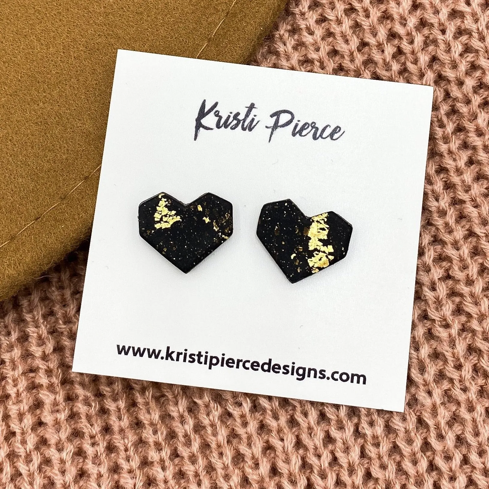 Black Clay and Gold Flake Geometric Heart Stud Earrings
