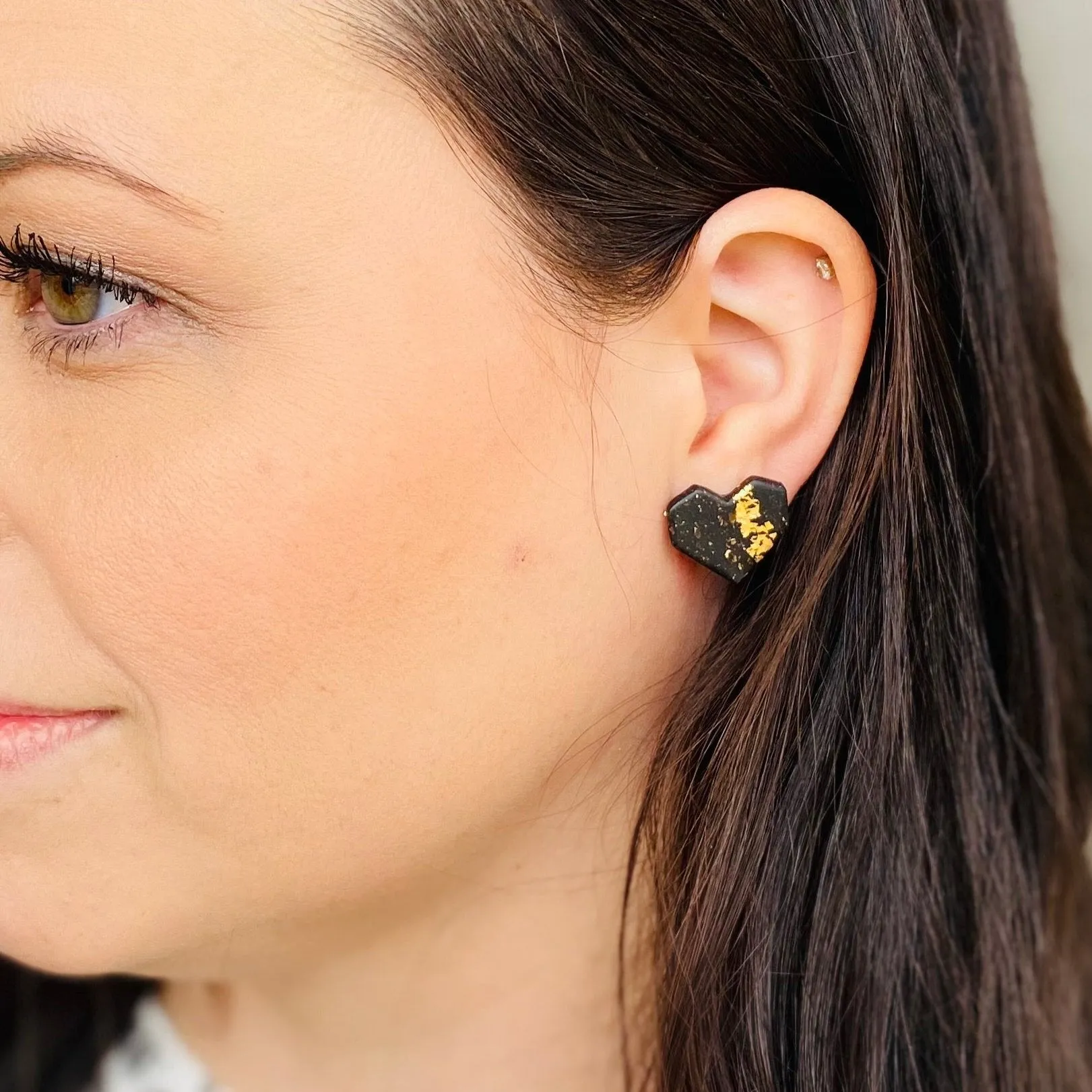 Black Clay and Gold Flake Geometric Heart Stud Earrings
