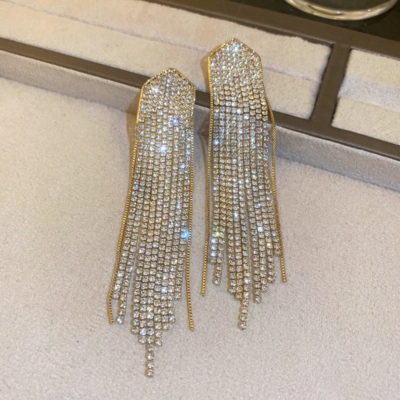 Long Tassel Drop Earrings for Women Gold Color Black Rhinestone Dangle Earrings